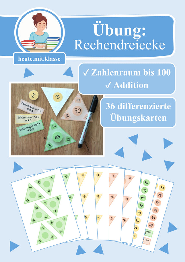 Übungskarten: Rechendreiecke (Zahlrenraum bis 100 & Addition)