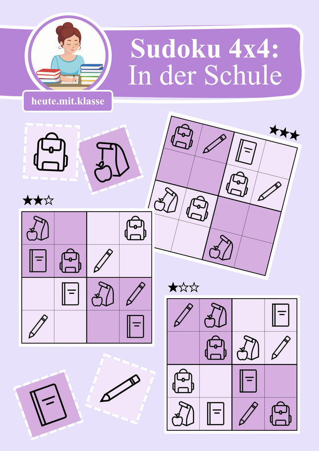 Sudoku 4x4: In der Schule (Rätsel für Vorschule & Anfangsunterricht)