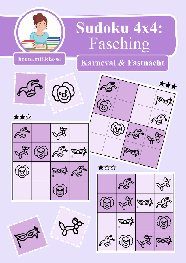 Sudoku 4x4: Fasching & Karneval & Fastnacht (Rätsel für Vorschule & Anfangsunterricht)