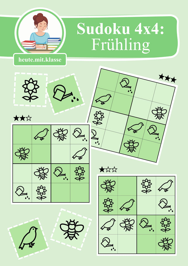 Sudoku 4x4: Frühling (Rätsel für Vorschule & Anfangsunterricht)