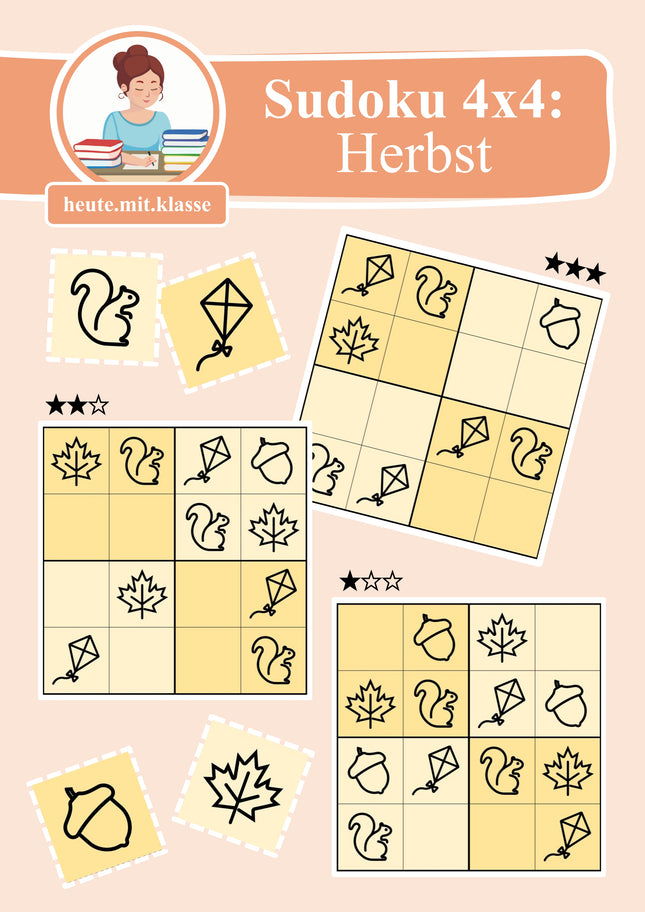 Sudoku: 4x4 Herbst (Rätsel für Vorschule & Anfangsunterricht)