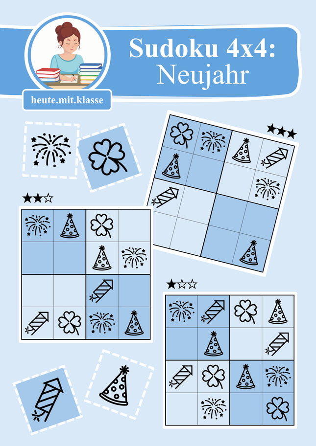 Sudoku 4x4: Neujahr & Silvester (Rätsel für Vorschule & Anfangsunterricht)