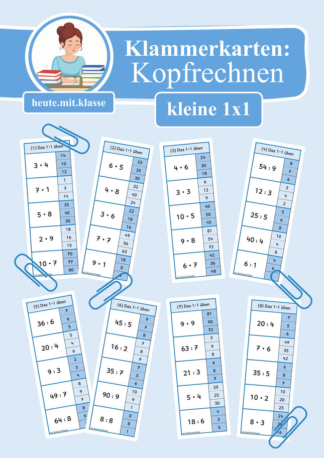 Klammerkarten: Das kleine 1x1 üben (Multiplikation & Division, Malrechnen & Geteiltrechnen)